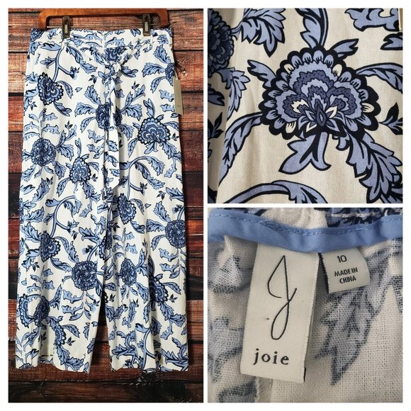 NWT Joie Pants Size 10 Linen Rayon Blend Cropped Wide Leg Floral Elastic Waist - Picture 1 of 9